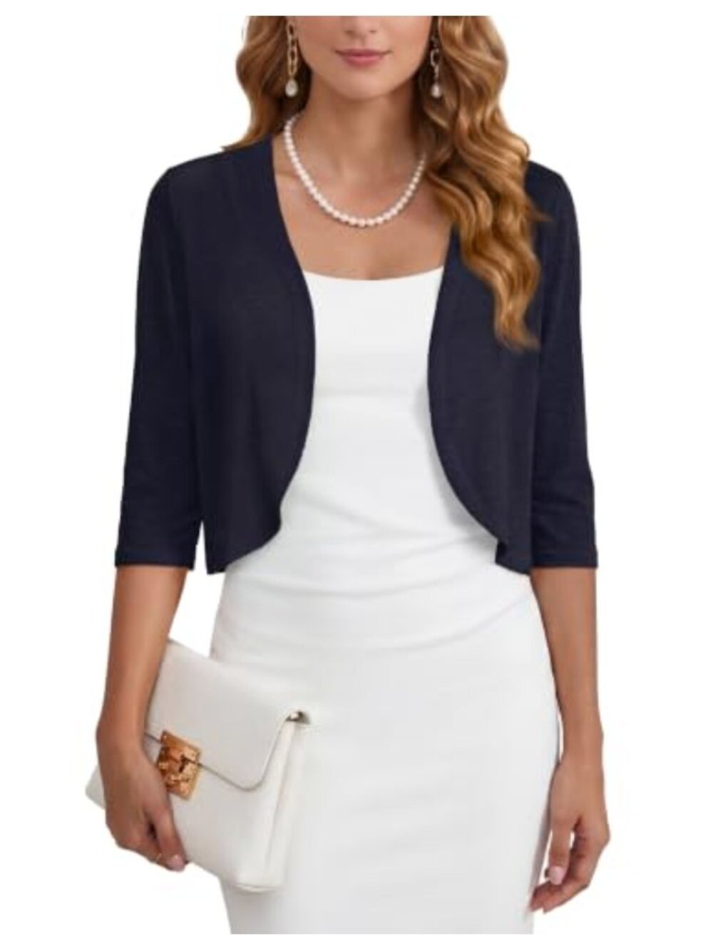 Women's 3/4 Sleeve Cropped Cardigan Shrug Open Front Bolero 95% Polyester 5%